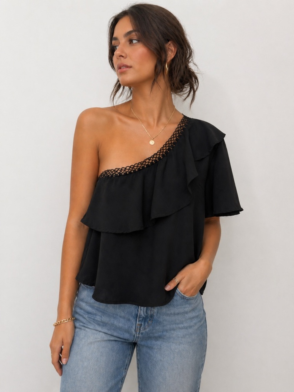 Sugar Lips Black One Shoulder Ruffle Top Size S Chic Evening Blouse